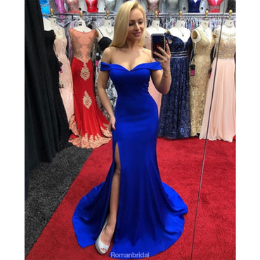 Off-shoulder Dark Blue High Split Simple Long Prom Dress, PD0643