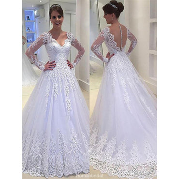 Popular Elegant V-neck Long Sleeves Lace Appliques Wedding Dresses, WD0421