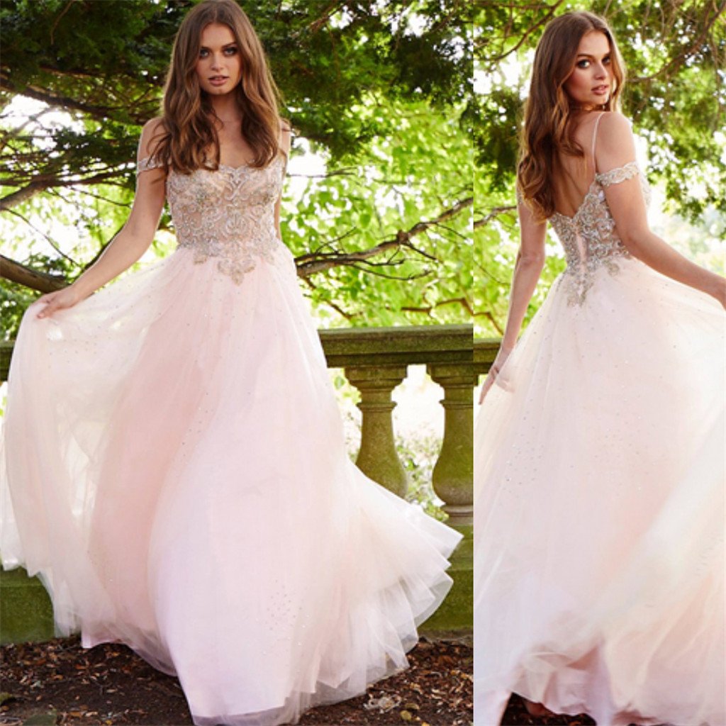 Popular A-line Floor-length off the shoulder beading tulle Sweet princess dress, long prom dresses, PD0110