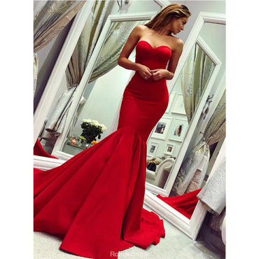 Red Mermaid Sweetheart Sleeveless Long Prom Dress With Train, PD0613