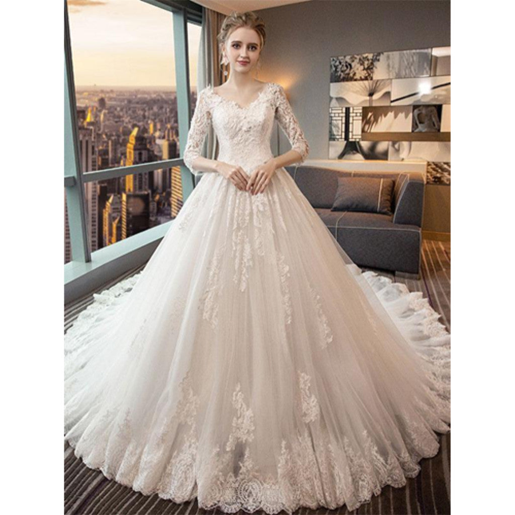 Unique 3/4 Sleeves Open-Back Lace Appliques Wedding Dresses With Train, WD0422