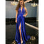 A-Line Deep V-Neck Sleeveless Royal Blue High Split Long Prom Dress, PD0130