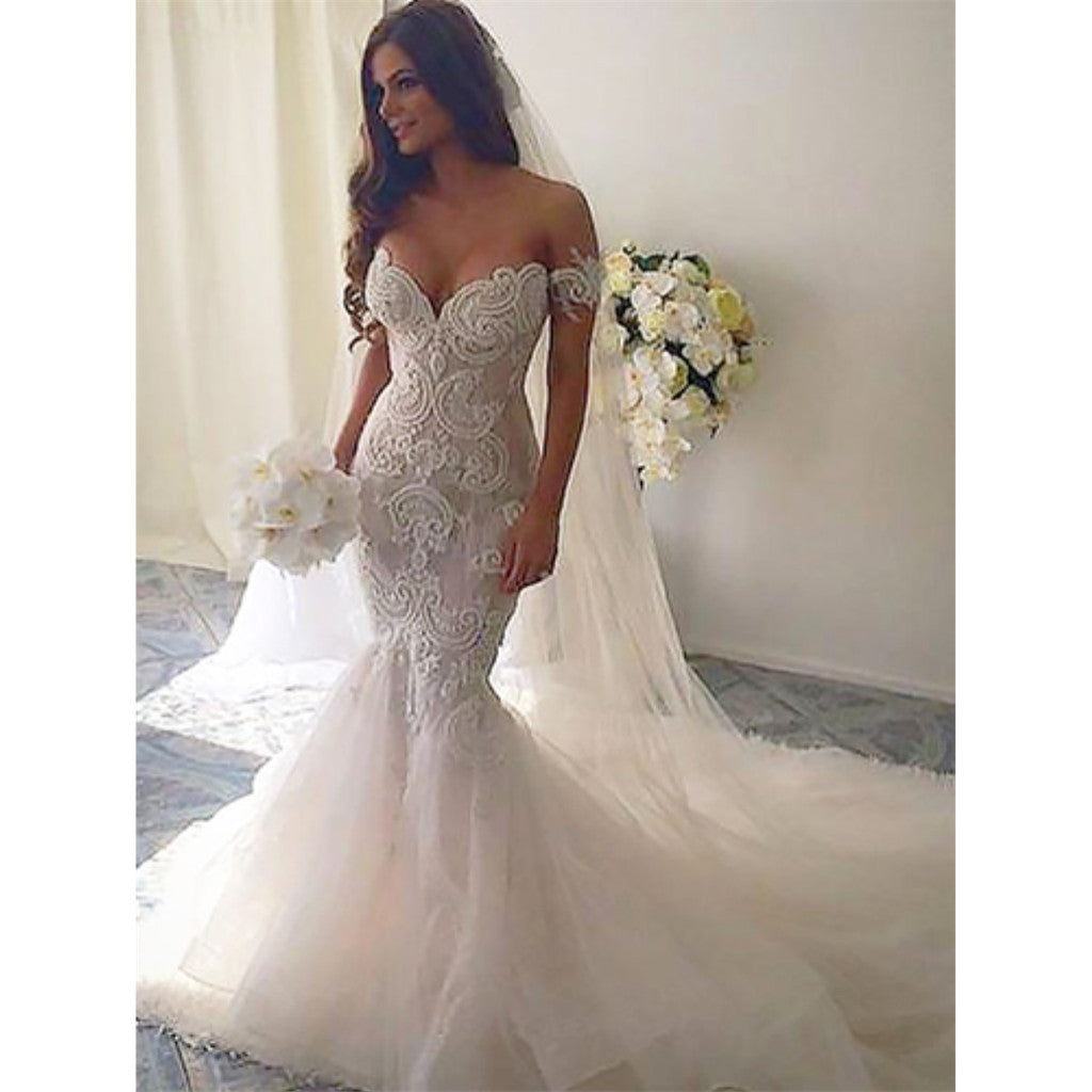 Newest Mermaid Off-the-shoulder Lace Backless Wedding Dresses With Train, WD0404