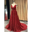 V-Neck Spaghetti Straps Red Sequins Long Prom Dress With Pleats, PD0620
