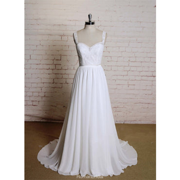 A-line sweetheart lace top chiffon open back simple Wedding Dresses with train, WD0364