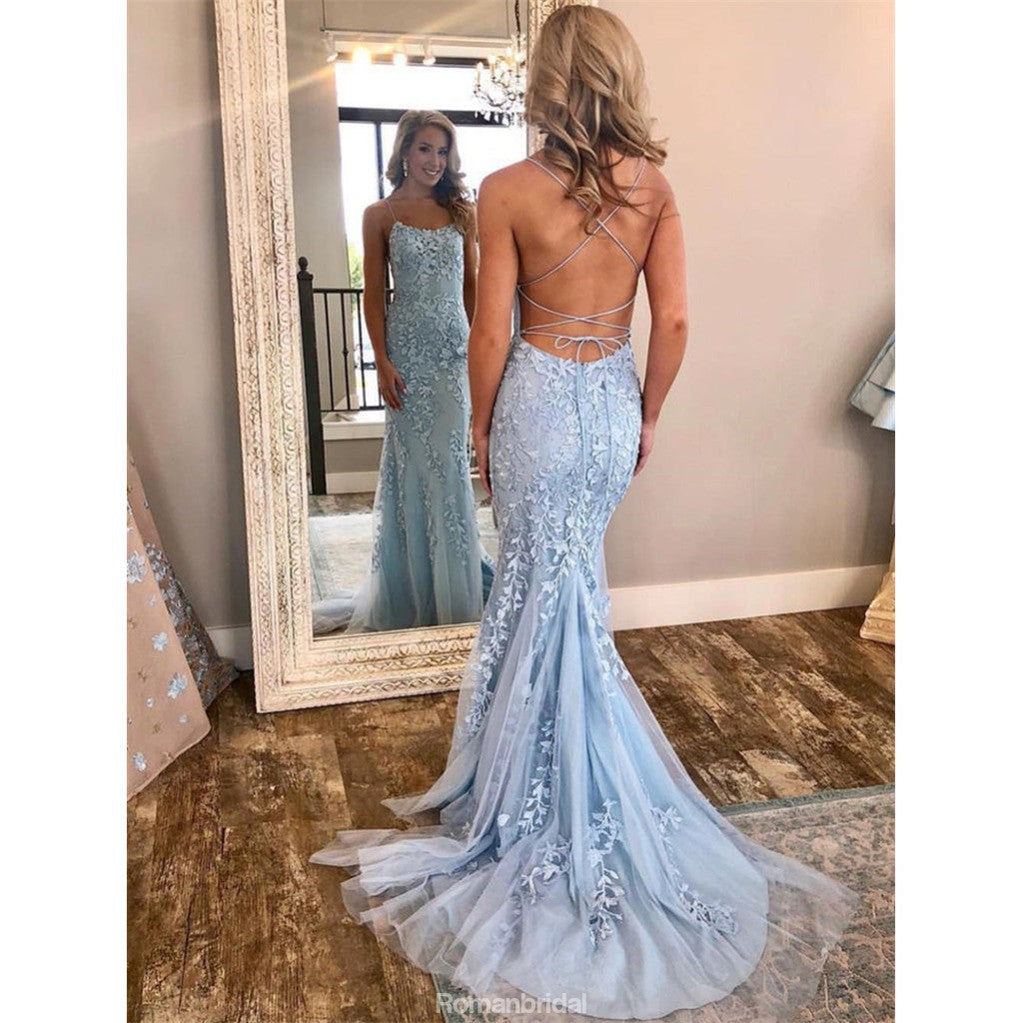 Mermaid Spaghetti Strap Appliques Lace Up Back Prom Dresses With Train, PD0558