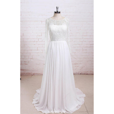 Newest Round Neck Long sleeves Lace Top Chiffon Simple Beach Wedding Dresses, WD0368