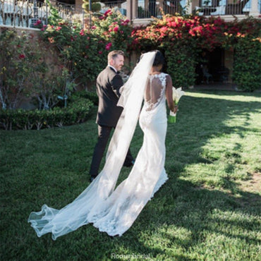 Amazing White lace sexy V-neck sleeveless elegant tail wedding dress, WD0330