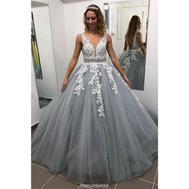 Grey Deep V-neck Tulle Appliques Beading Prom Dresses, PD0702