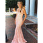 Mermaid V-neck Sleeveless Pink Lace Backless Prom Dress, PD0653