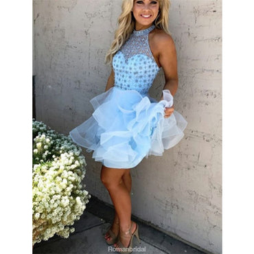 High Neck Beading Sleeveless Blue Short Homecoming Dress With Ruffles, HD0416