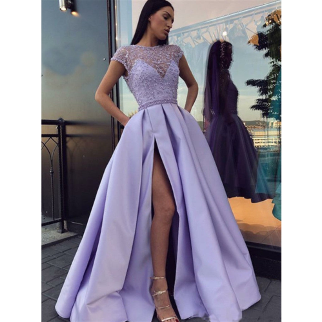 Charming Lavender Beading Cap Sleeves Long Prom Dresses, PD0670