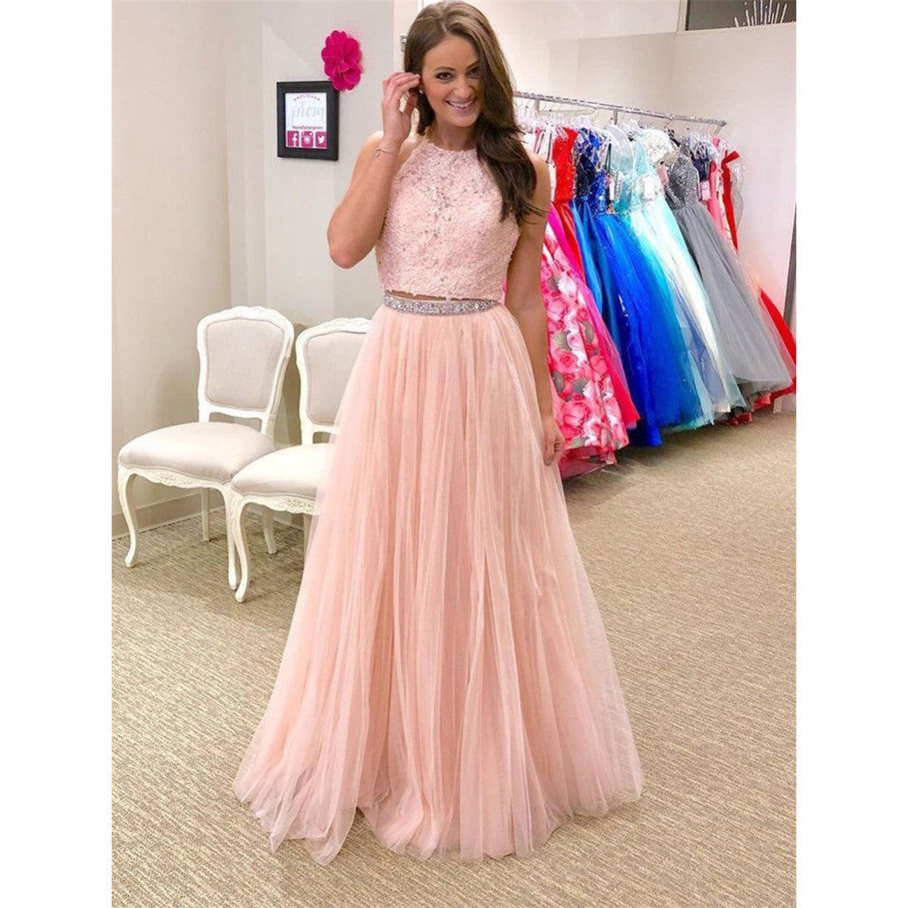 Sparkly A-line Floor-length Two Piece Halter Lace Top Beading Prom Dresses, PD0570