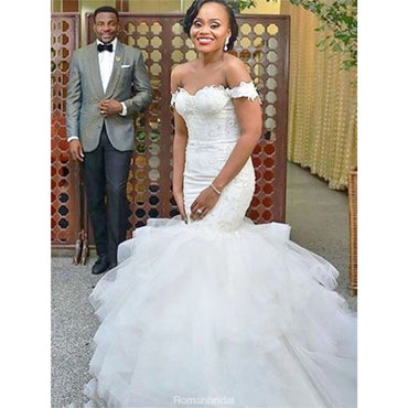 Mermaid Popular Off-shoulder Lace Up Back Wedding Dresses With Train, WD0409