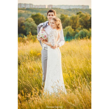 Mermaid V-neck 3/4 sleeves Open-back Country style Wedding Dress With Train, WD0384