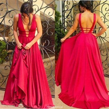 Sexy Floor-length A-Line Backless Deep V-Neck open-back formal dress, long prom dresses,  PD0101