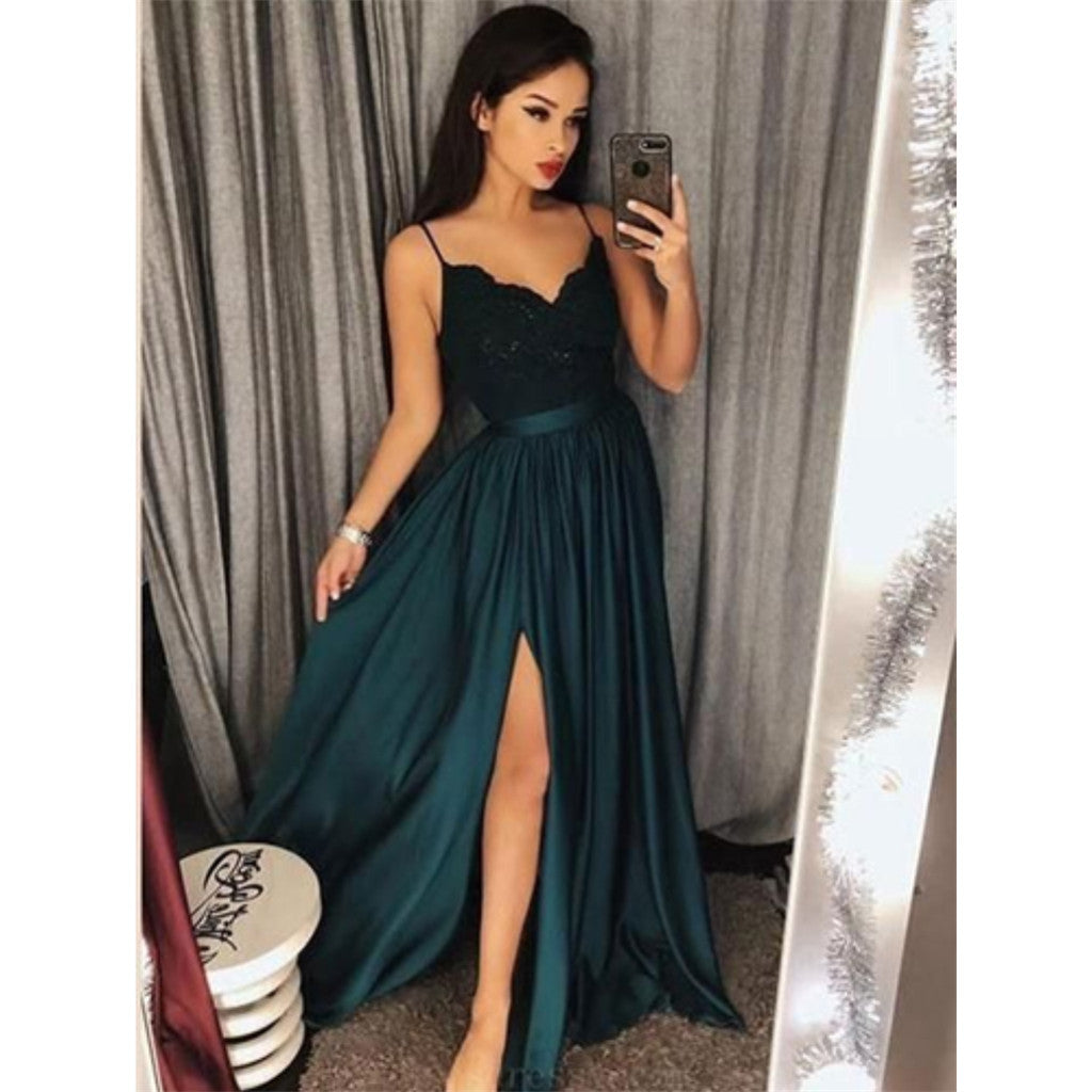 Spaghetti Straps Lace Appliques Top Long cheap Prom Dress, PD0601