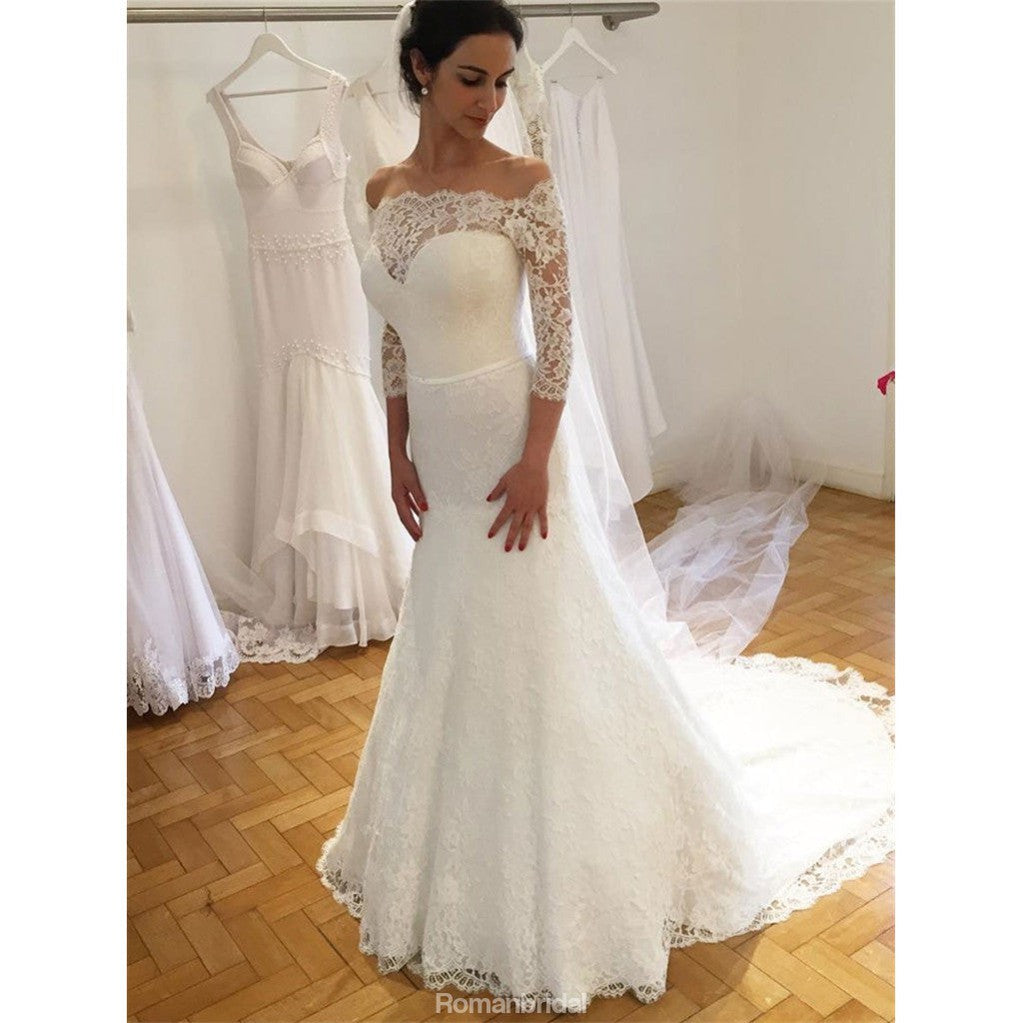 Off-shoulder Sheath 3/4 Sleeves Lace Wedding Dresses With Sweep Train, WD0431