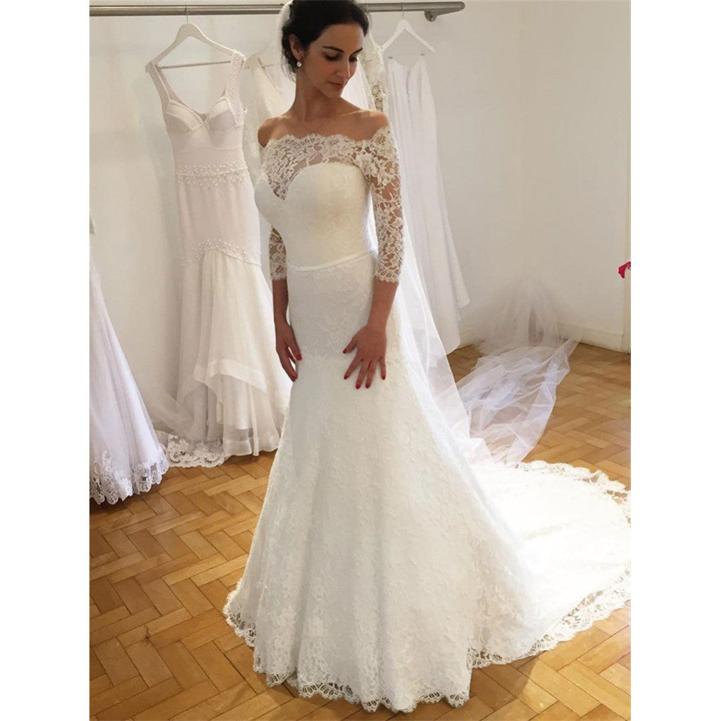 Off-shoulder Sheath 3/4 Sleeves Lace Wedding Dresses With Sweep Train, WD0431