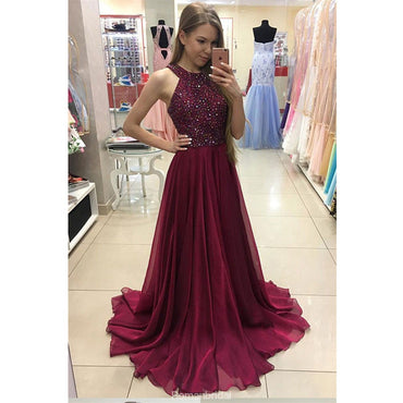 Halter Beading Top Sleeveless Long Chiffon Prom Dress, PD0603
