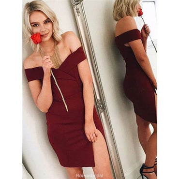 Simple Sexy Off-shoulder Burgundy Split Tight Cheap Short Homecoming Dress, HD0409