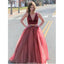 Newest Two-pieces Deep V-neck sleeveless open-back evening gown, long prom dresses, PD0100