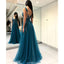 A-Line V-Neck Tulle High Slit Lace Appliques Beading Backless prom dresses,  PD0537