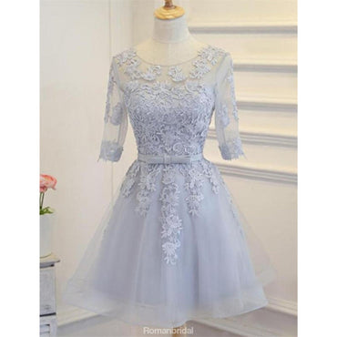 Round Neck Lace Appliques Medium Sleeves Open-back Lace Up Homecoming Dress, HD0394