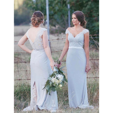 Cap Sleeves V-neck Lace Long Bridesmaid dresses With Train, BD0034