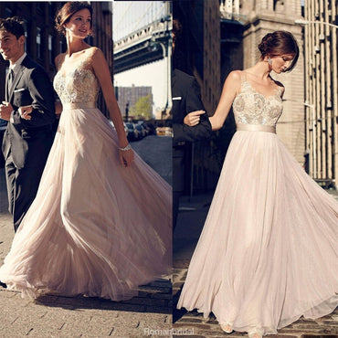 A-line Floor-length Appliques Long Tulle Prom Dresses, PD0658