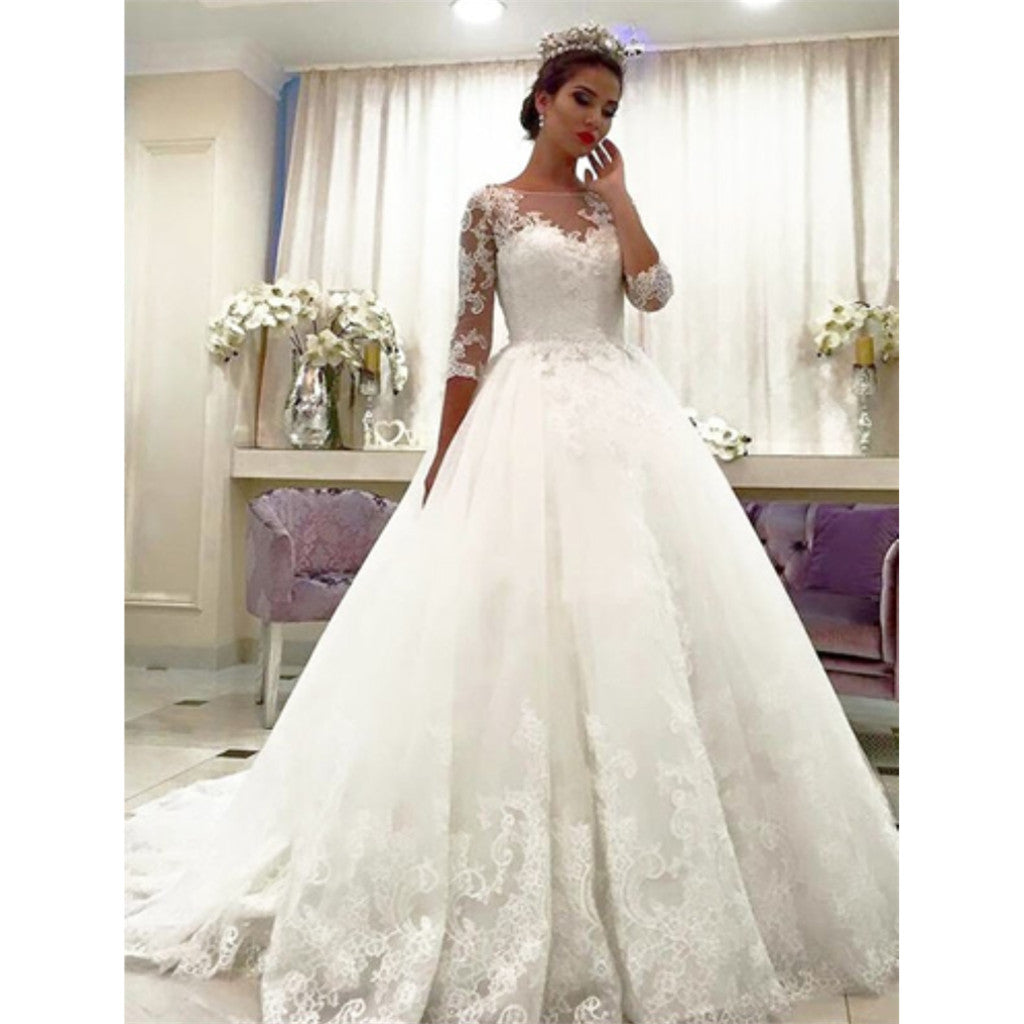 Amazing 3/4 Sleeves Lace Bateau Neck Ball gown, Wedding Dresses With Train, WD0407