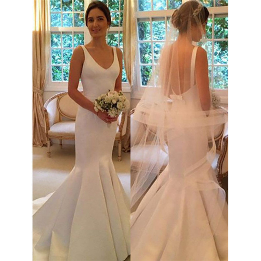 Newest Mermaid V-neck Simple Backless Wedding Dresses With Train, WD0405