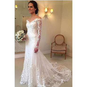 New Arrival Off the Shoulder Long Sleeves Lace Wedding Dresses With Train, WD0388