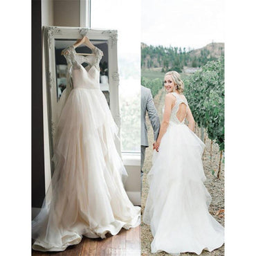 Newest Simple V-neck Tulle Open-back Wedding dresses With Train, WD0419
