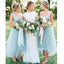 Hot selling scoop neck simple Light Blue sleeveless tulle long bridesmaid dresses, BD0453