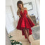 Red Spaghetti Straps Sexy V-neck Lace Top Homecoming Dresses With Pleats, HD0475