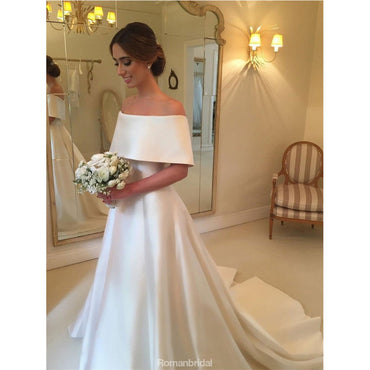 Gorgeous A-line Off-shoulder Simple Cheap Wedding Dresses With Train, WD0415