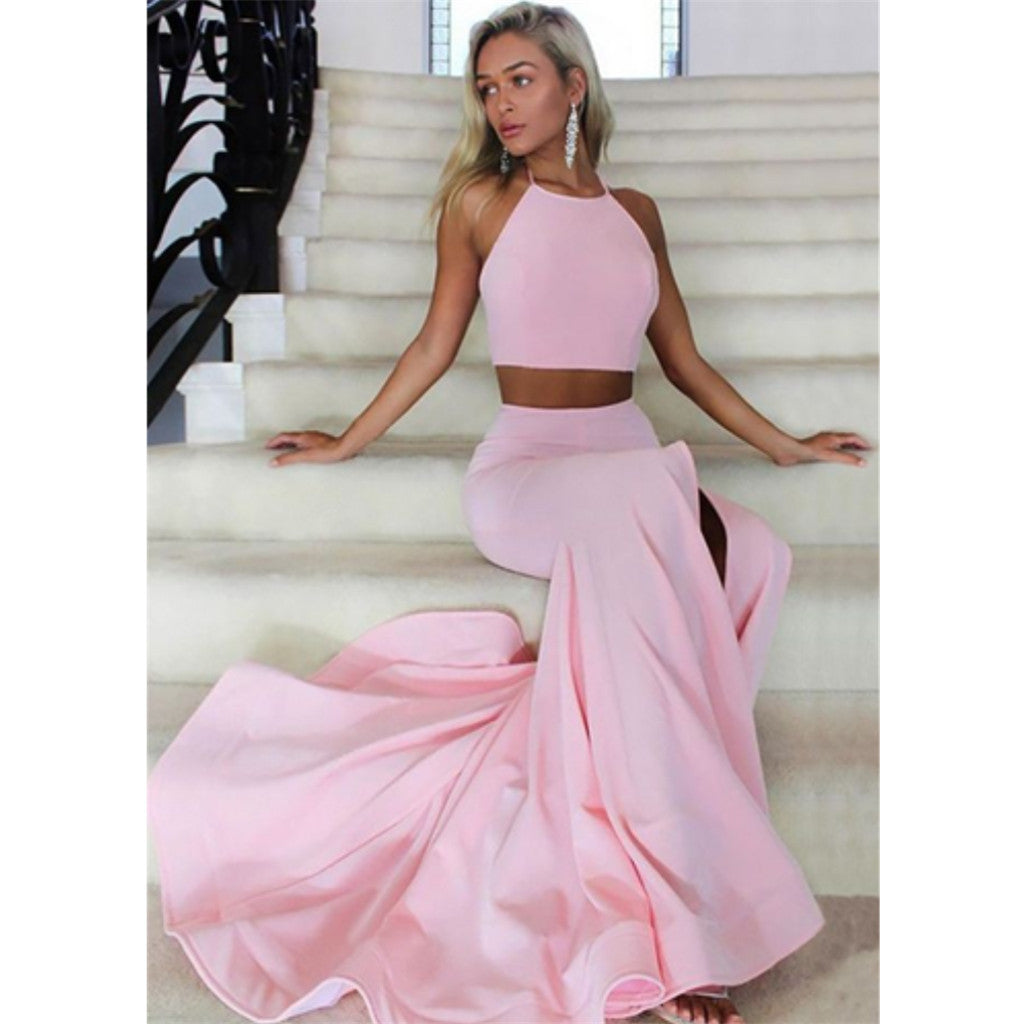Halter Sleeveless Two-Pieces Pink Long Prom Dresses With Ruffles, PD0583
