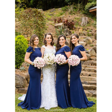 New arrival Floor-length Mermaid Navy blue Cap sleeves Long Bridesmaid Dress, BD0480