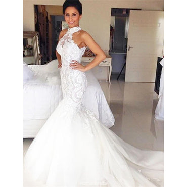 Halter Mermaid Lace Sleeveless Long Wedding Dresses With Train, WD0406
