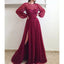 A-line Round Neck Long Sleeves Beading Prom Dresses With Split, PD0692