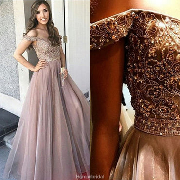 New Arrival A-Line Floor-length Off-Shoulder Tulle Prom gown with Beading,long prom dresses,  PD0528