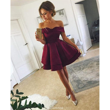 New Arrival Simple Off-shoulder Cheap Short Satin Homecoming Dresses, HD0421