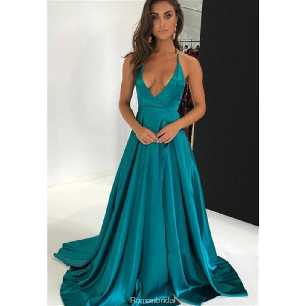 Elegant Spaghetti Straps Deep V-neck Backless Simple Prom Dresses With Train, PD0552