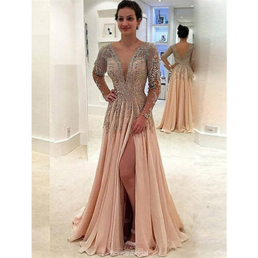 2 Pieces Prom Dresses, Long Sleeves Prom Dresses, Cheap Long Prom Dresses, PD0672