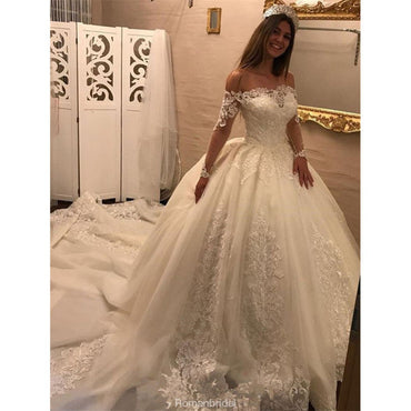 Lace Off-the-Shoulder Long Sleeves Bridal Gowns Wedding Dresses With Train, WD0392