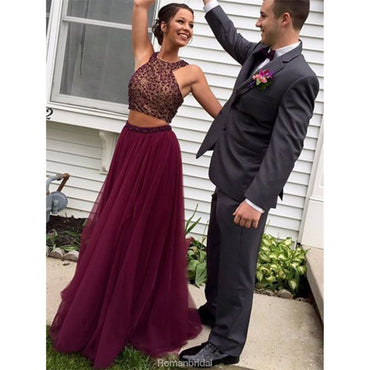 Two Pieces Halter Floor-length Beading Tulle Prom Dress, PD0622