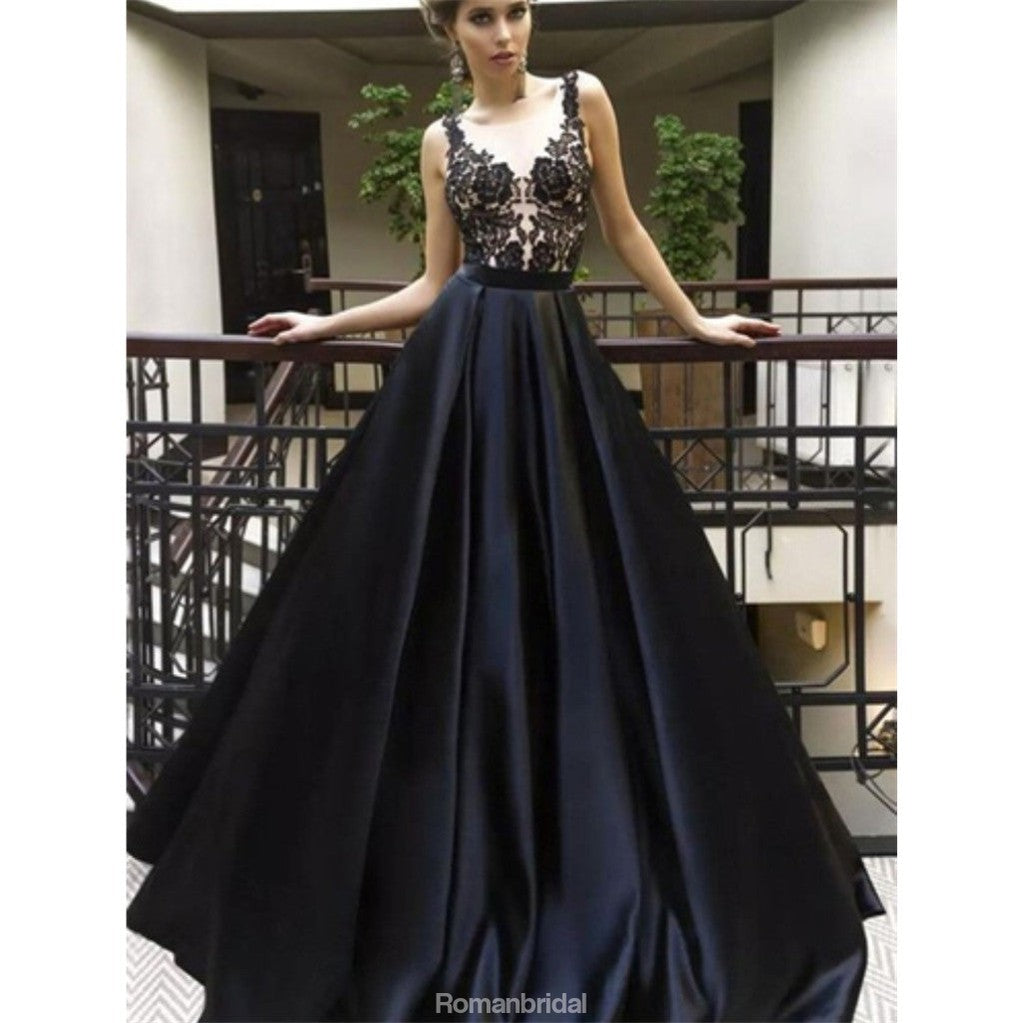 A-Line Sleeveless Lace Appliques Top Long Black Prom Dresses, PD0695