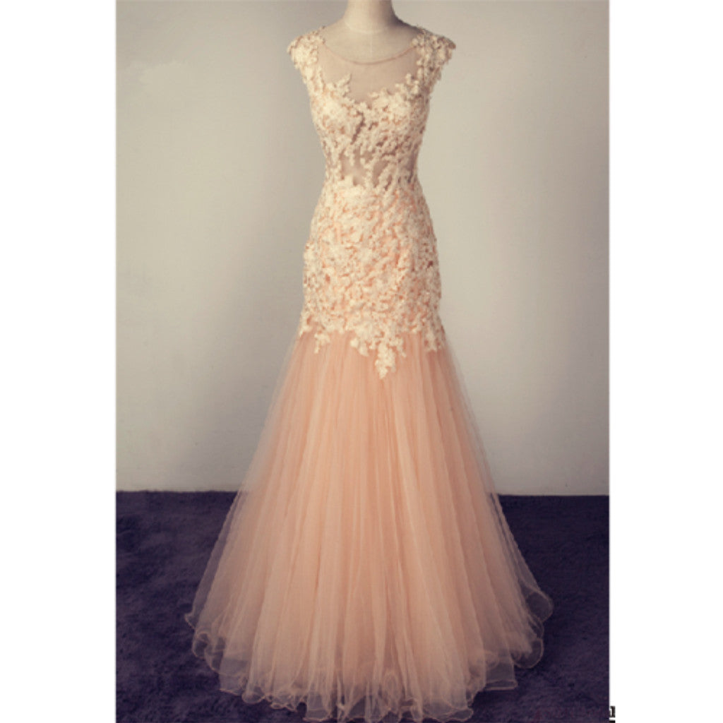 Round Neck Cap Sleeves Lace Appliques Prom Dresses, PD0662