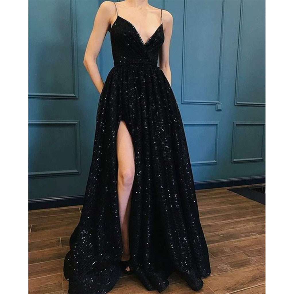 Shining Spaghetti Straps V-Neck Long High Split Black Prom Dress, PD0630